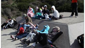 A group of about a dozen photos site against and on top of a concrete structure outdoors.