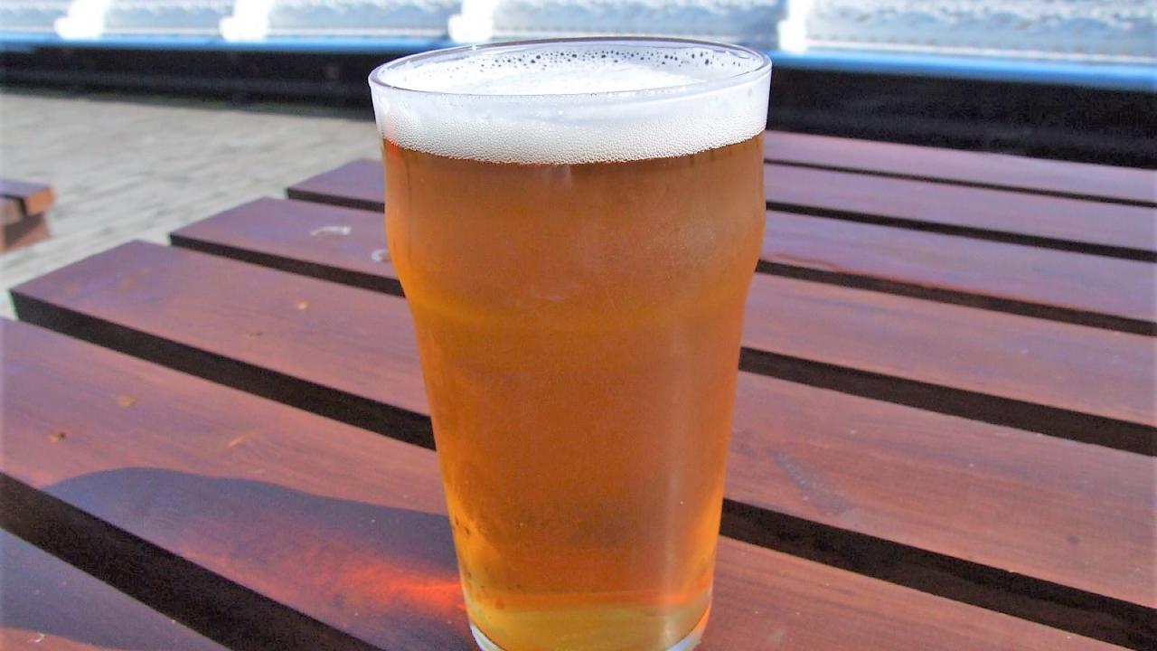 Image of a pint of beer on a picnic table.