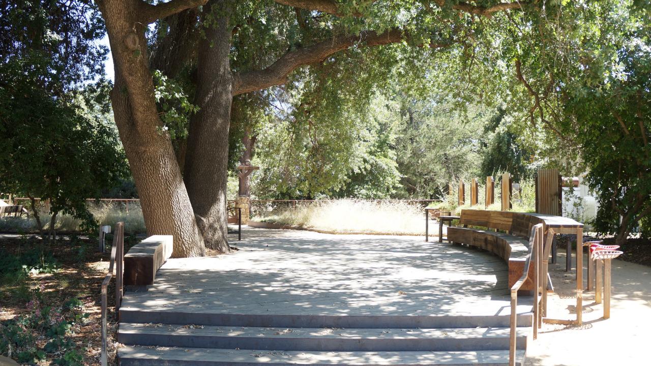 Deck and benches at the Animal Science GATEway garden, made from the redwood of campus-grown trees. Deck and at the Animal Science GATEway garden