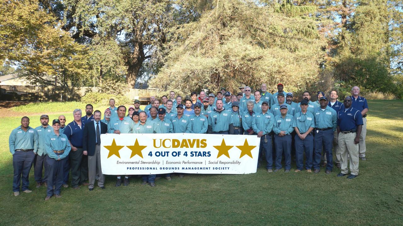 Image of UC Davis Grounds and Landscape Services staff after receiving their 4-out-of-4 star PGMS award.