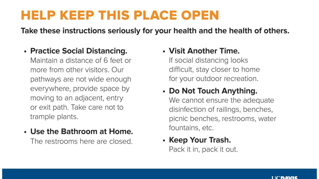 Image of the poster notifying visitors to the UC Davis Arboretum that they must practice COVID public health guidance in our outdoor spaces.