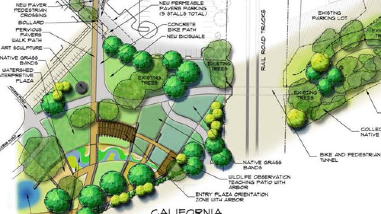 Detail image of draft Downtown Davis Parkway Greening Project site plan. Click the image to download complete concept level site plan. Detail image of draft Downtown Davis Parkway Greening Project site plan