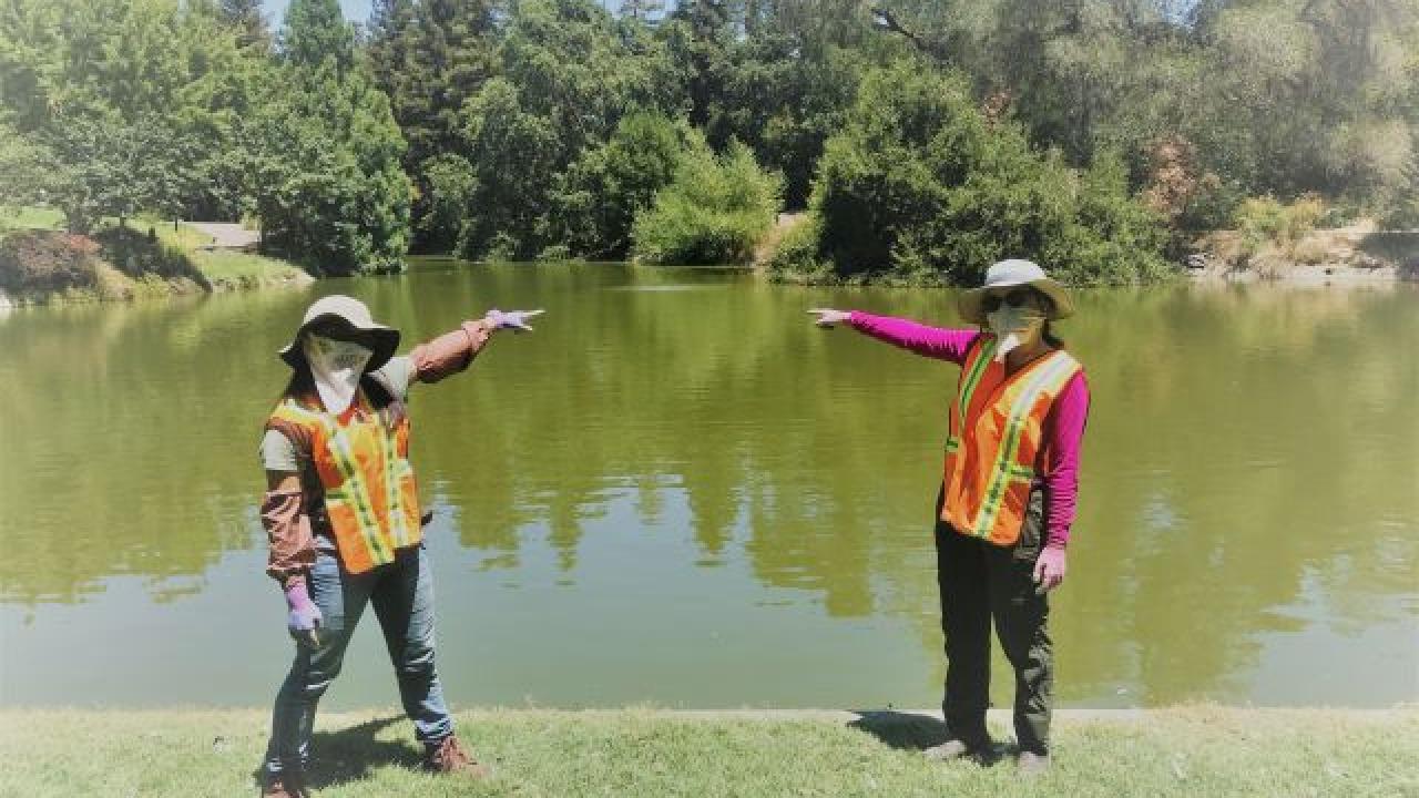 Noreen Mabini and Karyn Utsumi, two members of the Waterway Stewardship Learning by Leading program, point to aeration in the Arboretum Waterway. Waterway Stewardship Learning by Leading Co-Coordinators pointing to the air bubbles created by the air-powered circulator in Lake Spafford.