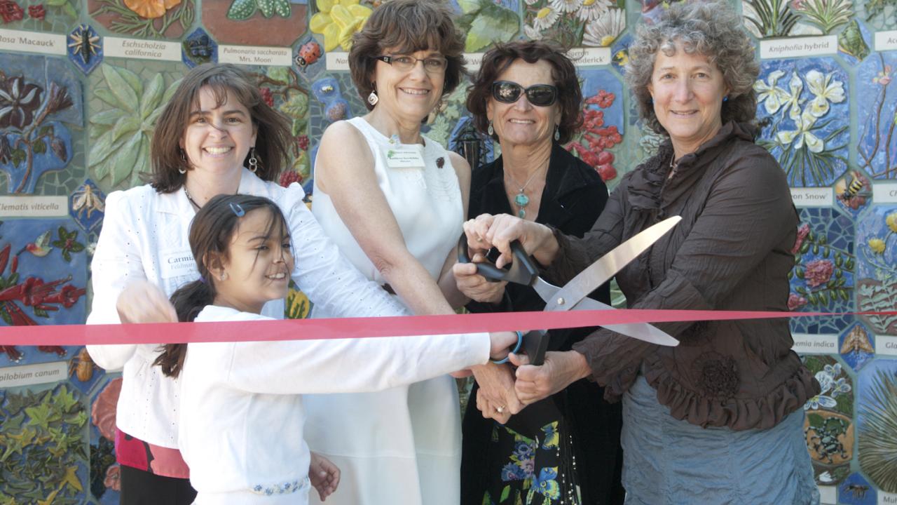 The Nature's Gallery Court was a community-built project that was showcased at the U.S. Botanic Garden, before its permanent installation in the UC Davis Arboretum and Public Garden. Group of people cutting ribbon in front of the mosaic mural of the Nature's Gallery Court.