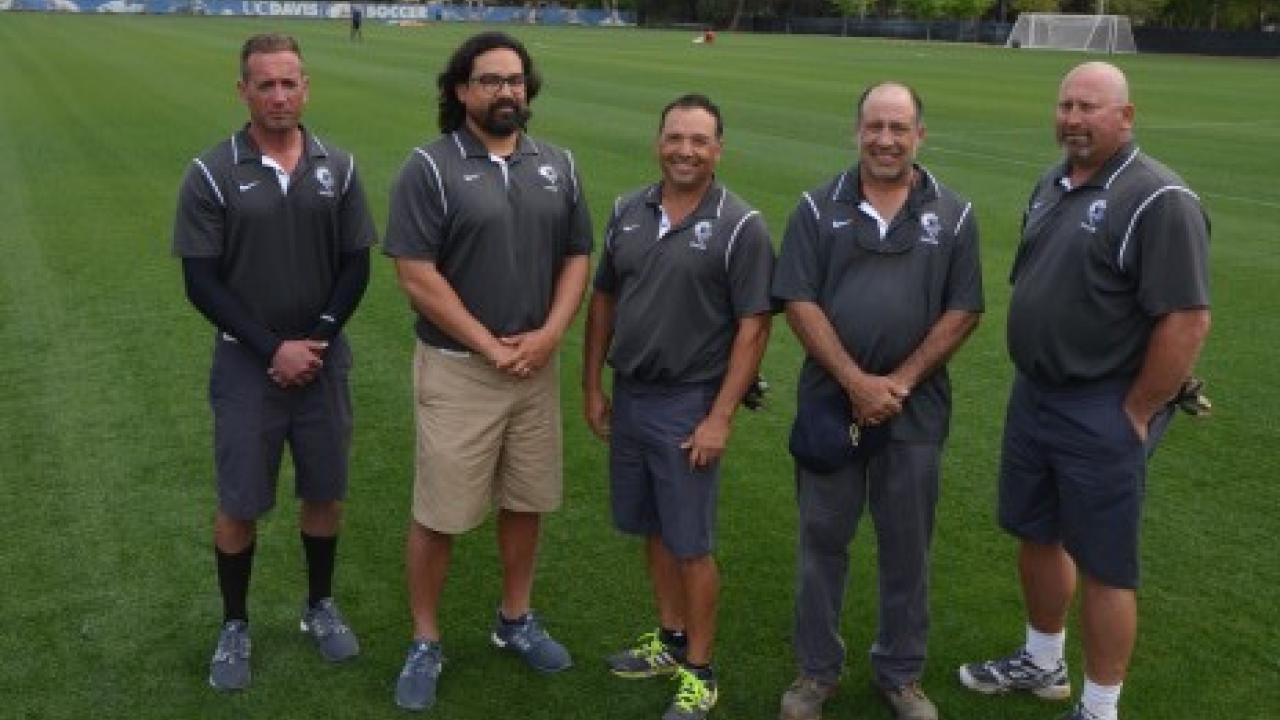 UC Davis Grounds and Landscape Services Sports Turf Crew from left to right: John Taylor, Kore Higuchi, Cutberto Santana, Clancy Klein and Kevin Galart. UC Davis Grounds and Landscape Services Sports Turf Crew