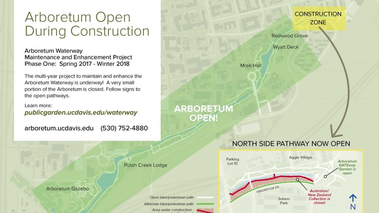 UC Davis Arboretum map which shows the construction detours to accommodate the Arboretum Waterway Maintenance and Enhancement Project.