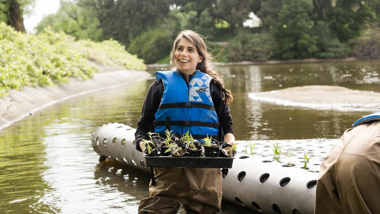 Image of waterway stewardship intern in the arboretum waterway.