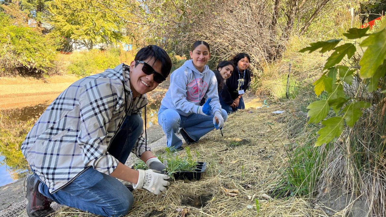 Four students kneel on the banks of the Arboretum Waterway, wearing gardening gloves, posing and smiling near small potted plants