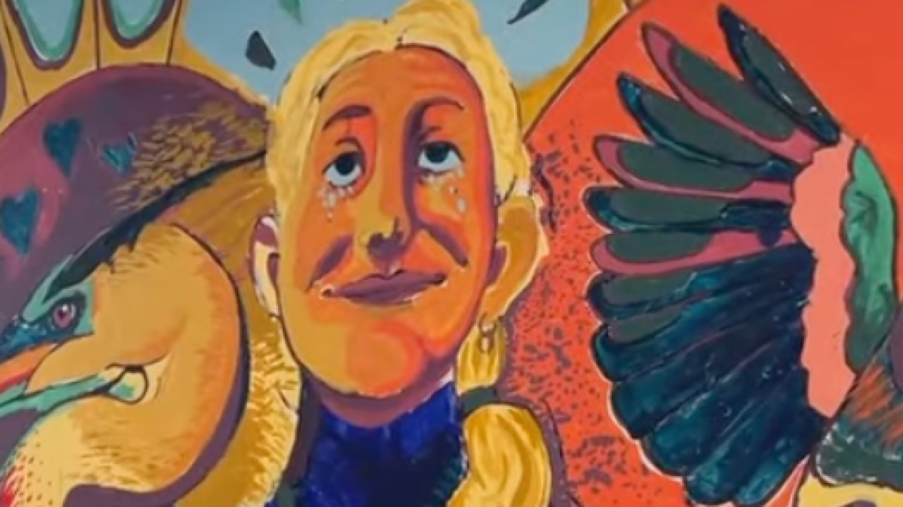 Vibrant mural: smiling blond figure flanked by crowned bird and outstretched wing