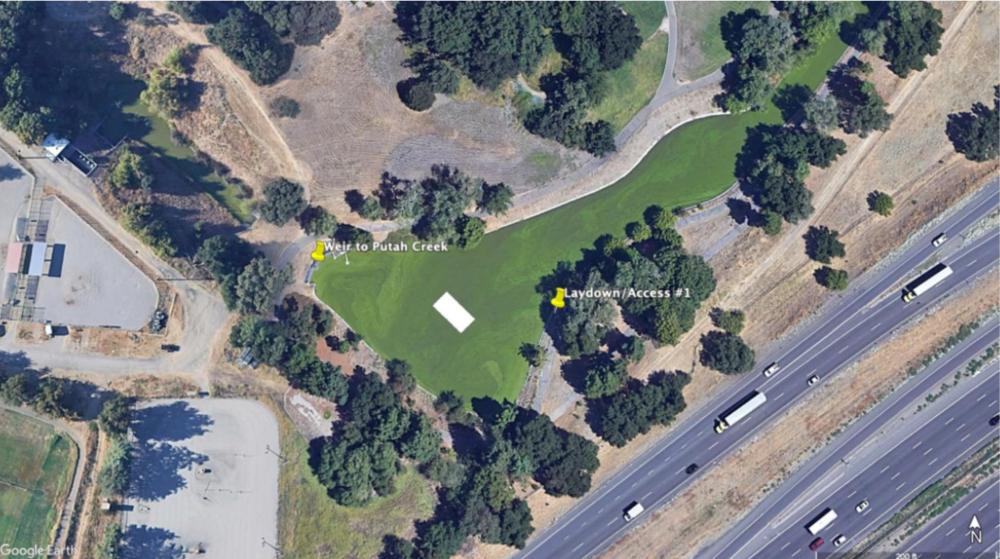 Aerial map of the proposed waterway section to house solar aerator. The white rectangle represents the footprint of the floating solar island.