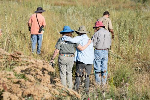 Image of UC Davis Arboretum and Public Garden volunteers arm-in-arm in a meadow.