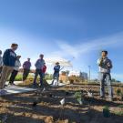 Sustainable Horticulture Student Coordinators Nguyen Nguyen and Kathy Geurtze teach a group of volunteers in proper planting techniques. This team helped landscape a new pollinator display garden in the west end of the Arboretum.