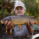 Peter Moyle, associate director of the Center for Watershed Sciences, poses with a common carp.