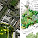 3 images: 2 maps of planned improvements and an image of a grassy field