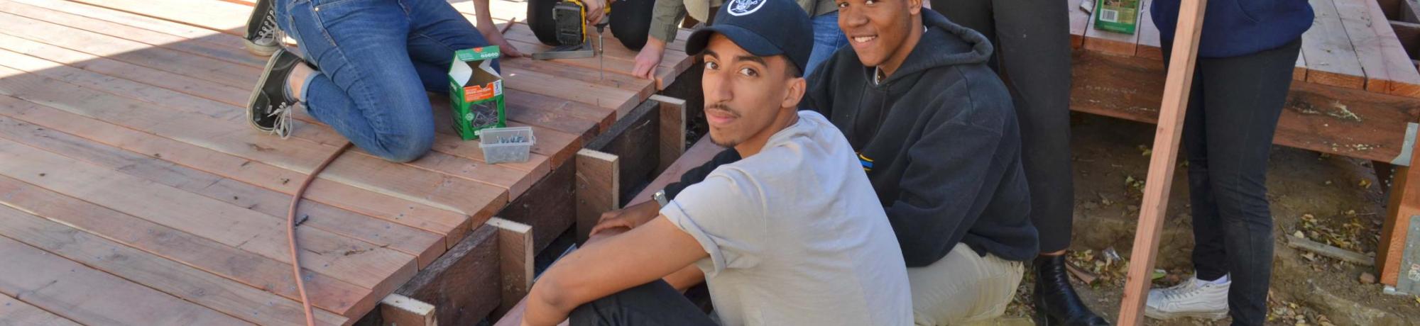 Image of UC Davis students creating the Hunt Hall Courtyard landscape.