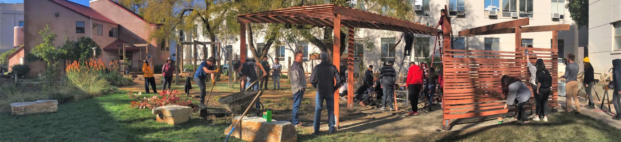 Constuction of the pergola in the Landscape Lab GATEway Garden in Hunt Hall